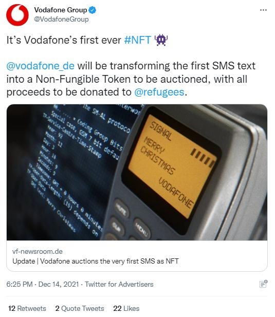 英國(guó)沃達(dá)豐公司也表示，計(jì)劃將拍賣所得全部捐贈(zèng)給聯(lián)合國(guó)難民署，以支持那些被迫逃離家園的人。(圖片來源：英國(guó)沃達(dá)豐公司社交媒體截圖)