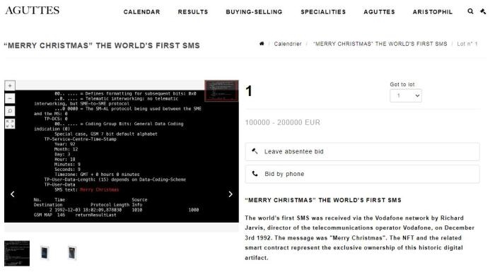 法國(guó)阿古特拍賣行網(wǎng)站上，世界第一條短信的拍賣信息。圖片來源：阿古特拍賣行網(wǎng)站截圖