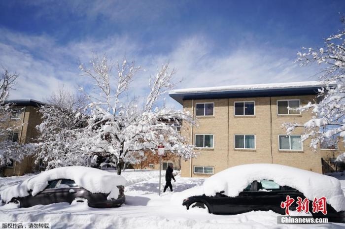 資料圖：當(dāng)?shù)貢r間2021年3月15日，美國科羅拉多州丹佛，當(dāng)?shù)赜瓉韽姳╋L(fēng)雪天氣，城市被積雪覆蓋。