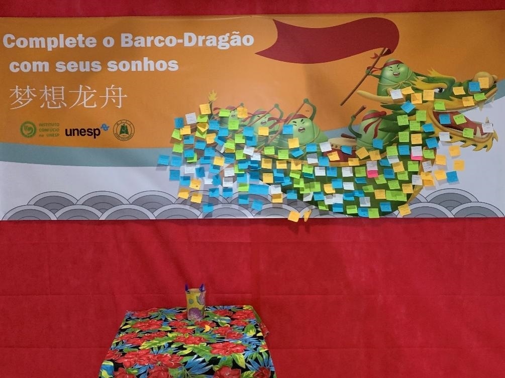 活動(dòng)現(xiàn)場設(shè)置了“夢想龍舟”環(huán)節(jié)，大家將自己寫下的心愿貼在“龍舟”上，期盼“龍舟”承載自己的夢想駛向更美好的未來。（圣保羅州立大學(xué)孔子學(xué)院供圖）