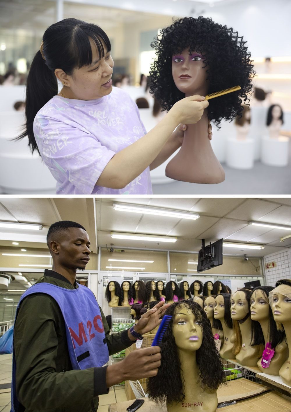 拼版照片：上圖為2023年5月25日，工人在湖南邵陽(yáng)陽(yáng)光發(fā)品有限公司展廳展示假發(fā)（新華社記者薛宇舸攝）；下圖為2023年6月9日，一名店員在湖南邵陽(yáng)陽(yáng)光發(fā)品有限公司位于南非約翰內(nèi)斯堡的店鋪內(nèi)展示假發(fā)（新華社記者張譽(yù)東攝）。新華社發(fā)