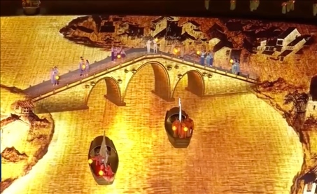 △9月23日，杭州第19屆亞洲運(yùn)動(dòng)會(huì)開幕式現(xiàn)場(chǎng)的拱宸橋形象。