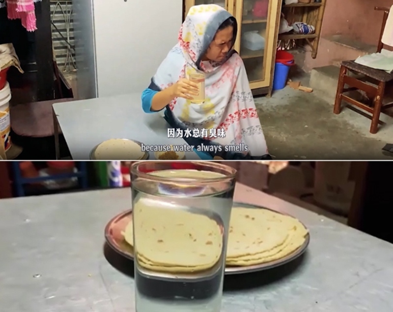 圖為紀(jì)實(shí)短片截圖：上圖為水質(zhì)未改善前，飲用水發(fā)黃渾濁；下圖為水廠建成后，飲用水水質(zhì)明顯改善，清澈透明。