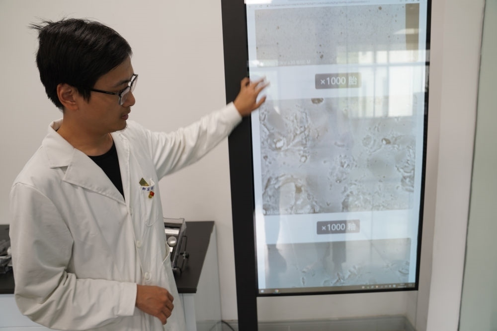 ↑ 工作人員展示瓷片標(biāo)本的配方研究數(shù)據(jù)（2023年5月16日攝）。