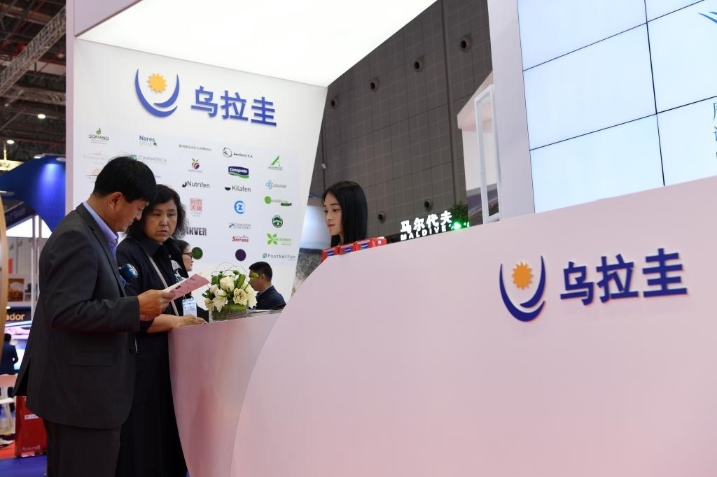 2019年11月6日，參觀者在第二屆進(jìn)博會(huì)烏拉圭國(guó)家館展臺(tái)咨詢。