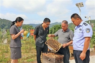  圖②：蒙山法院黃村法庭法官深入蜂蜜合作社，實(shí)地了解蜂農(nóng)需求。