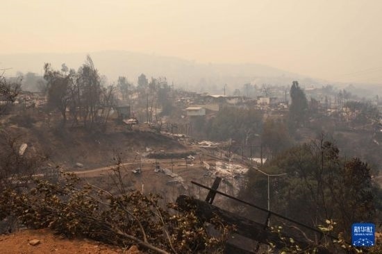 這是2月3日在智利瓦爾帕萊索大區(qū)比尼亞德爾馬市拍攝的在森林火災中燒毀的房屋。新華社發(fā)