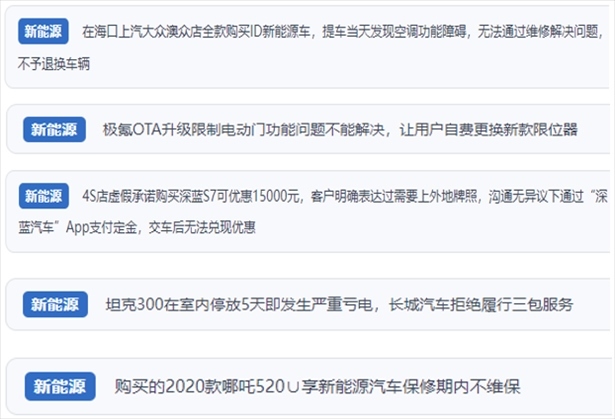 “人民投訴”用戶吐槽新能源汽車功能障礙多發(fā)、升級后配套服務跟不上、虛假優(yōu)惠、保修期內不維保的問題。（“人民投訴”平臺截圖）