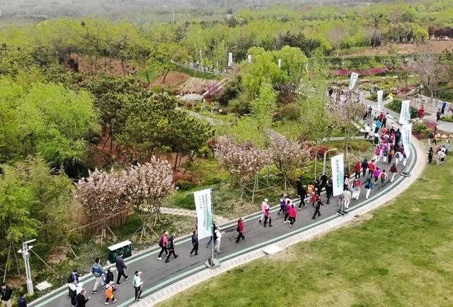 4月27日，登山愛好者在浮山森林公園參加登山健身活動（無人機照片）。新華社記者 李紫恒攝