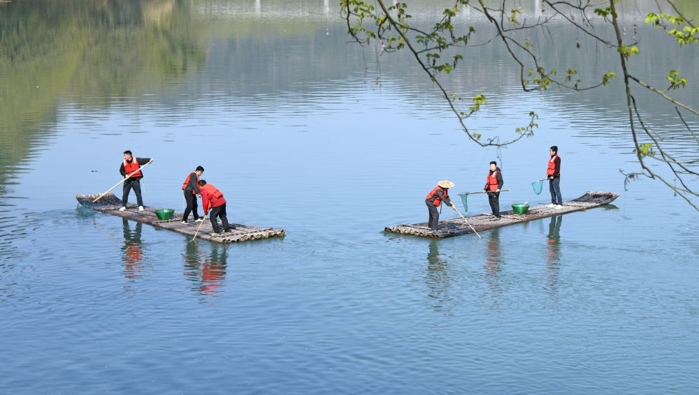 浙江省臺(tái)州市仙居縣步路鄉(xiāng)黨員志愿者與河長(zhǎng)一起在永安溪巡河護(hù)水，清理雜物垃圾（2024年3月20日攝）。新華社發(fā)（王華斌攝）