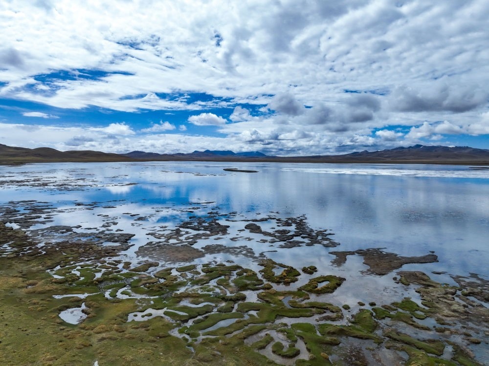 這是2024年5月26日在長(zhǎng)江源頭地區(qū)拍攝的班德湖一角（無(wú)人機(jī)照片）。新華社記者 張龍 攝