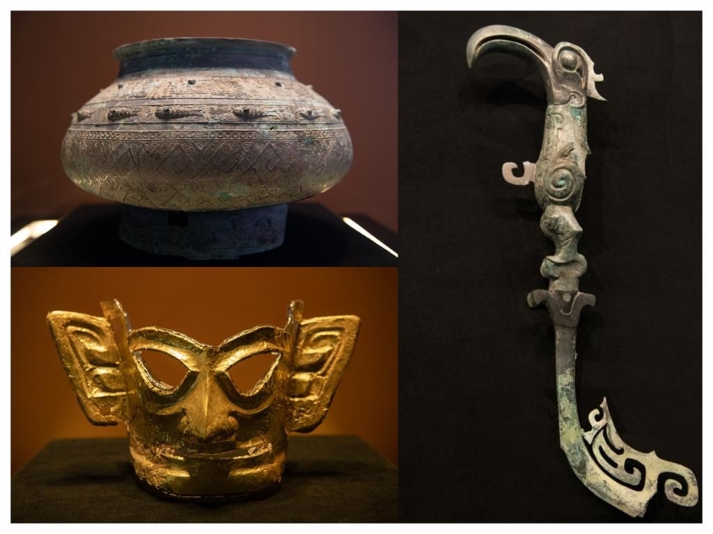拼版照片：左上圖為青銅瓿，左下圖為黃金面具，右圖為青銅樹枝。新華社記者唐文豪 攝