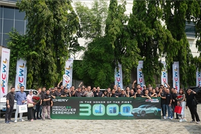 8月3日，中國車企奇瑞在雅加達舉行活動，慶祝在印尼交付第3000輛電動汽車OMODA E5。奇瑞汽車印度尼西亞銷售公司供圖