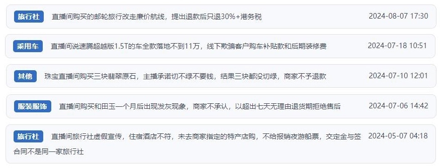 近期網(wǎng)友涉及直播購物相關(guān)投訴問題。（“人民投訴”用戶投訴截圖）