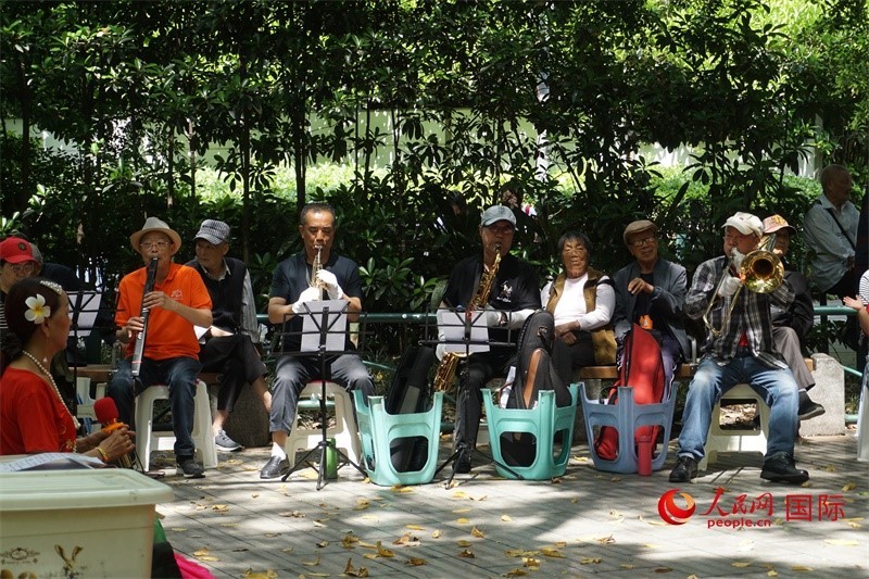 成都居民在公園里演奏歌曲。人民網(wǎng) 王禹蘅攝