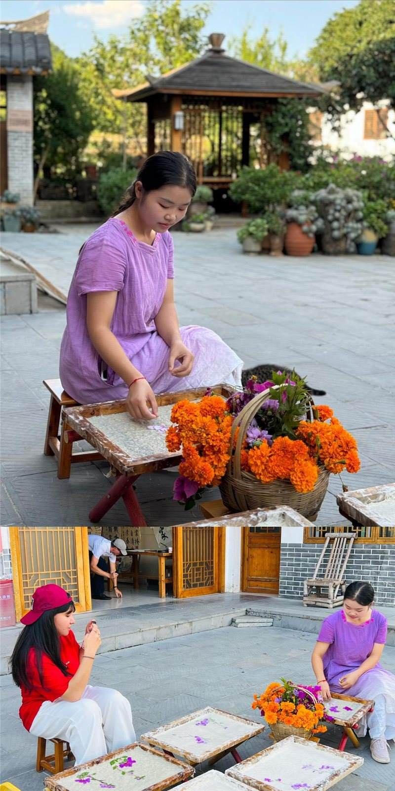 沒有女生不愛花。以古法造紙技藝為基礎(chǔ)，再輔以花草枝葉勾勒各式圖案，創(chuàng)作出花茂村獨具特色的紙漿壓花畫，少女手中的花是她眼中的風(fēng)景，而她與正在制作的紙漿壓花畫也是別人眼中的風(fēng)景。（哈薩克斯坦BAQ通訊社高級記者古爾詹·拉曼庫洛娃、張亞欣攝）