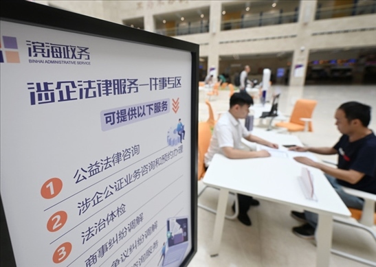 在天津濱海新區(qū)政務(wù)服務(wù)中心，工作人員在“涉企法律服務(wù)一件事”專區(qū)為市民提供服務(wù)（2024年7月31日攝）。新華社記者 趙子碩 攝