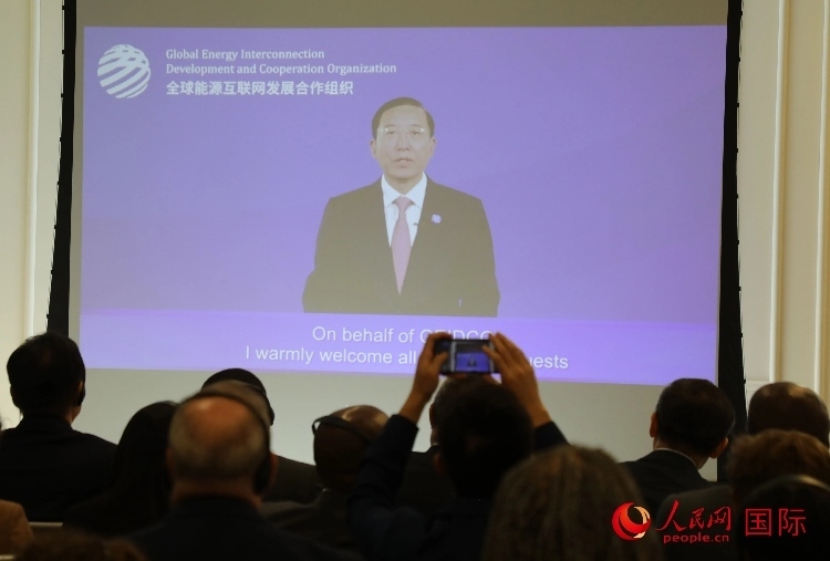 全球能源互聯(lián)網(wǎng)發(fā)展合作組織主席、中國電力企業(yè)聯(lián)合會理事長辛保安通過視頻方式致辭。人民網(wǎng)記者 李志偉攝