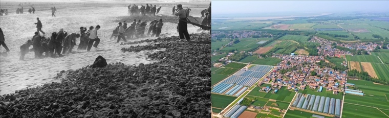 拼版照片：左圖為蘭考群眾在拉淤土壓沙（新華社記者 鄧歷耕 攝）；右圖為2024年4月25日拍攝的蘭考縣張莊村（無人機照片，新華社記者 郝源 攝）。