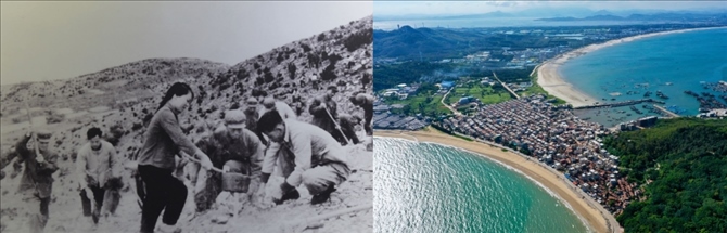 拼版照片：左圖為東山縣群眾在荒山上種植樹苗（資料照片）；右圖為2020年6月18日拍攝的東山縣陳城鎮(zhèn)澳角村附近風(fēng)光（無人機照片，新華社記者 姜克紅 攝）。