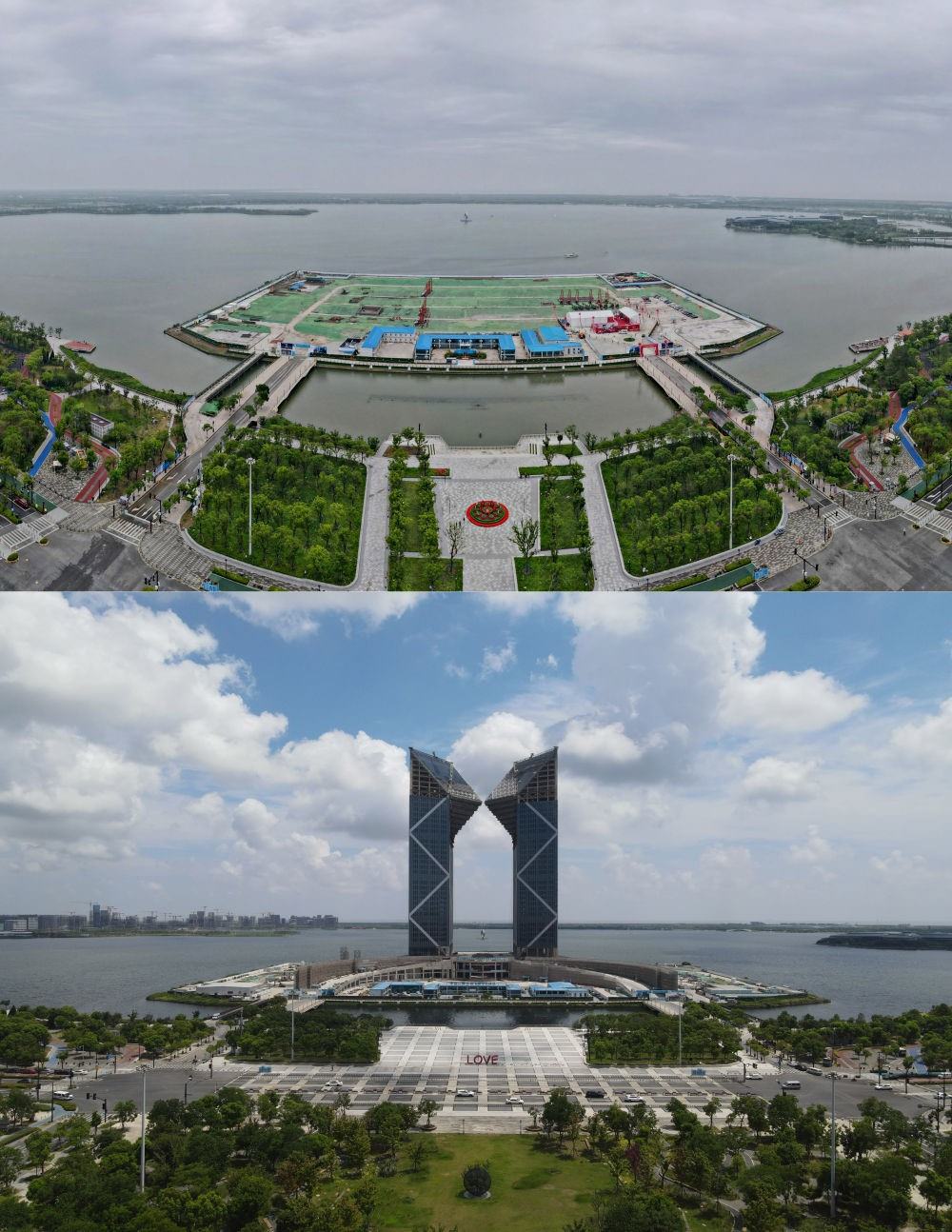 拼版照片：空中俯瞰中國(guó)（上海）自由貿(mào)易試驗(yàn)區(qū)臨港新片區(qū)滴水湖西島中銀金融中心項(xiàng)目現(xiàn)場(chǎng)（上圖為2021年6月20日攝，無(wú)人機(jī)照片；下圖為2024年8月14日攝，無(wú)人機(jī)照片）。2019年8月20日，臨港新片區(qū)揭牌成立，一個(gè)開(kāi)放新高地在長(zhǎng)江與東海交匯處日益崛起。