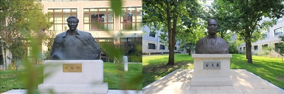 △左圖為中央黨校（國家行政學(xué)院）校園內(nèi)的焦裕祿雕塑，右圖為校園內(nèi)的谷文昌雕塑。