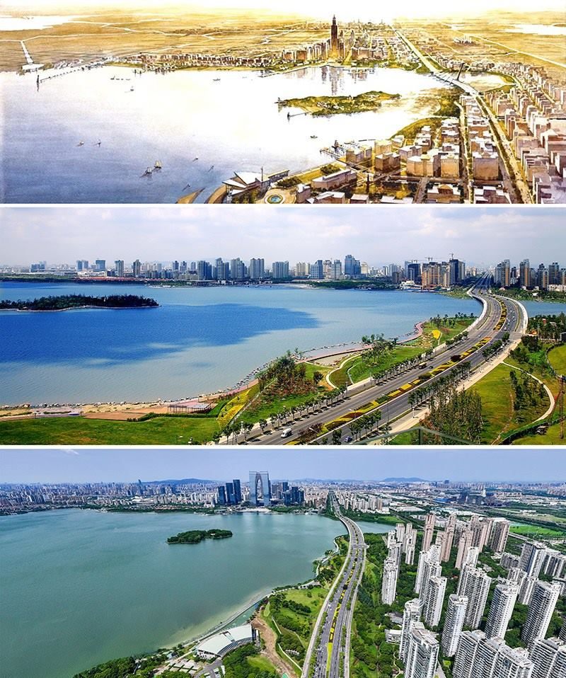 拼版照片：上圖為1994年繪制的蘇州工業(yè)園區(qū)手繪規(guī)劃圖；中圖為2007年拍攝的蘇州工業(yè)園區(qū)；下圖為2023年7月4日用無人機(jī)拍攝的蘇州工業(yè)園區(qū)。