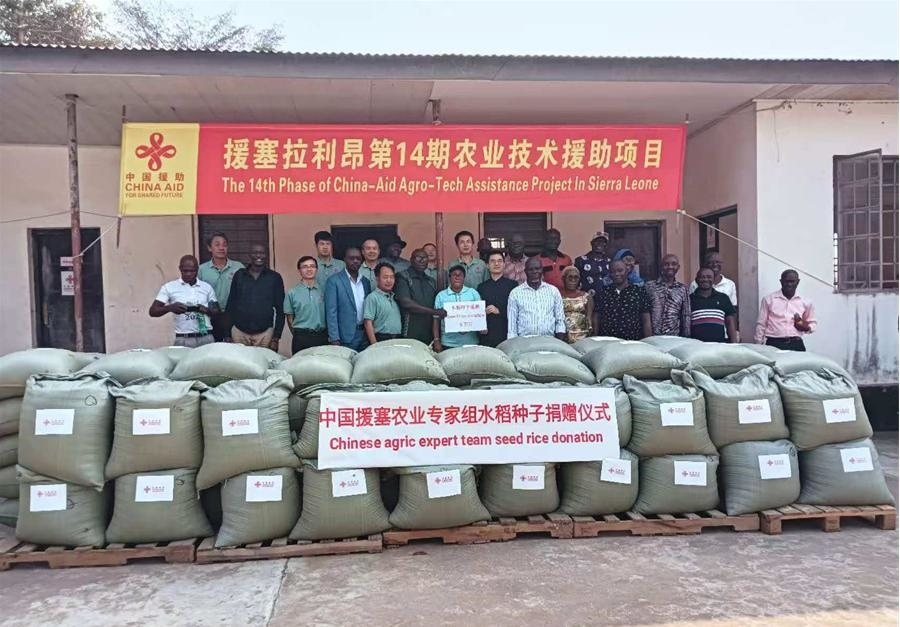 中國援塞拉利昂農(nóng)業(yè)專家組在塞南方省博城舉辦水稻種子捐贈儀式。中國援塞農(nóng)業(yè)專家組供圖