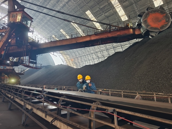 趙善國（右）和同事對電廠煤場進(jìn)行巡檢。受訪者供圖