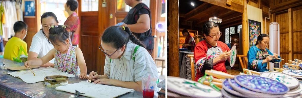 左圖：近期，游客在黎平縣肇興侗寨體驗(yàn)非遺蠟染藝術(shù)（黎平縣委宣傳部供圖）；右圖：這是2024年拍攝的繡娘在十八洞村梨子寨苗繡鄉(xiāng)村振興示范基地制作苗繡產(chǎn)品（湘西州委宣傳部供圖）。
