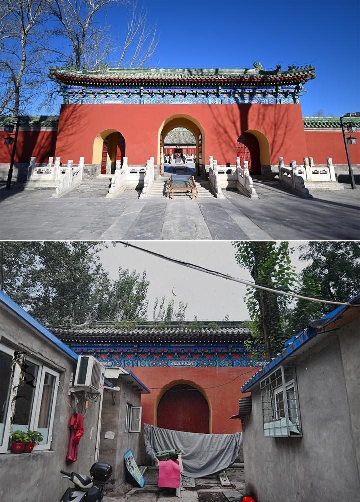 位于先農(nóng)壇內(nèi)的慶成宮，曾長時(shí)間被雜亂的民居占據(jù)。在北京中軸線申遺保護(hù)工作的帶動下，北京完成了慶成宮區(qū)域文物征收騰退、非文物建筑拆除、彩畫保護(hù)、本體修繕、展覽布陳等，讓560多年歷史的古建群重新回歸。2024年12月，北京中軸線上先農(nóng)壇內(nèi)的慶成宮首次面向社會公眾開放。上圖為騰退修繕后的慶成宮內(nèi)宮門（資料照片）；下圖為翻拍的慶成宮內(nèi)宮門騰退修繕前的資料照片（2024年12月21日攝）。